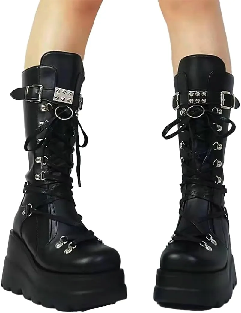 Womens Gothic Punk Platform Boots Chunky Wedge Heel Combat Boots Lace-Up and Zipper Round Toe Mid Calf Motorcycle Boot