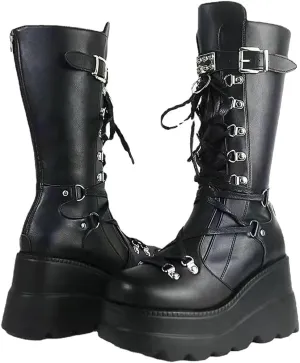 Womens Gothic Punk Platform Boots Chunky Wedge Heel Combat Boots Lace-Up and Zipper Round Toe Mid Calf Motorcycle Boot