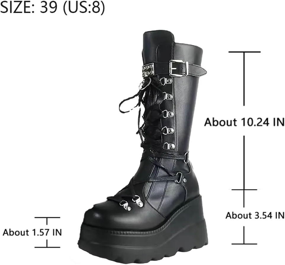Womens Gothic Punk Platform Boots Chunky Wedge Heel Combat Boots Lace-Up and Zipper Round Toe Mid Calf Motorcycle Boot