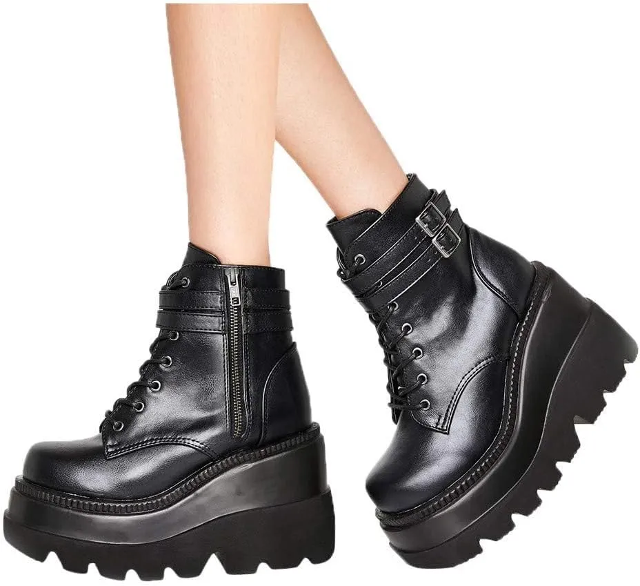 Women's Halloween Fashion Chunky Heel Ankle Booties Lace up Buckle Goth Motorcycle Platform Boot Military Combat Boots