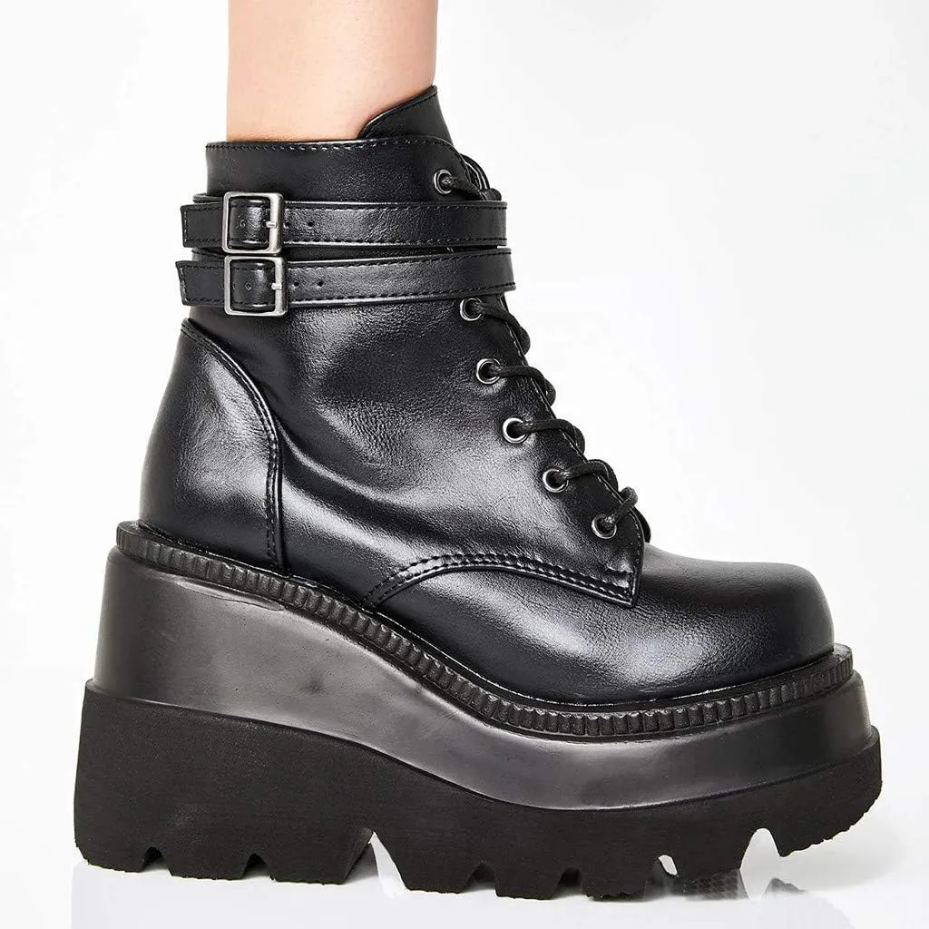 Women's Halloween Fashion Chunky Heel Ankle Booties Lace up Buckle Goth Motorcycle Platform Boot Military Combat Boots