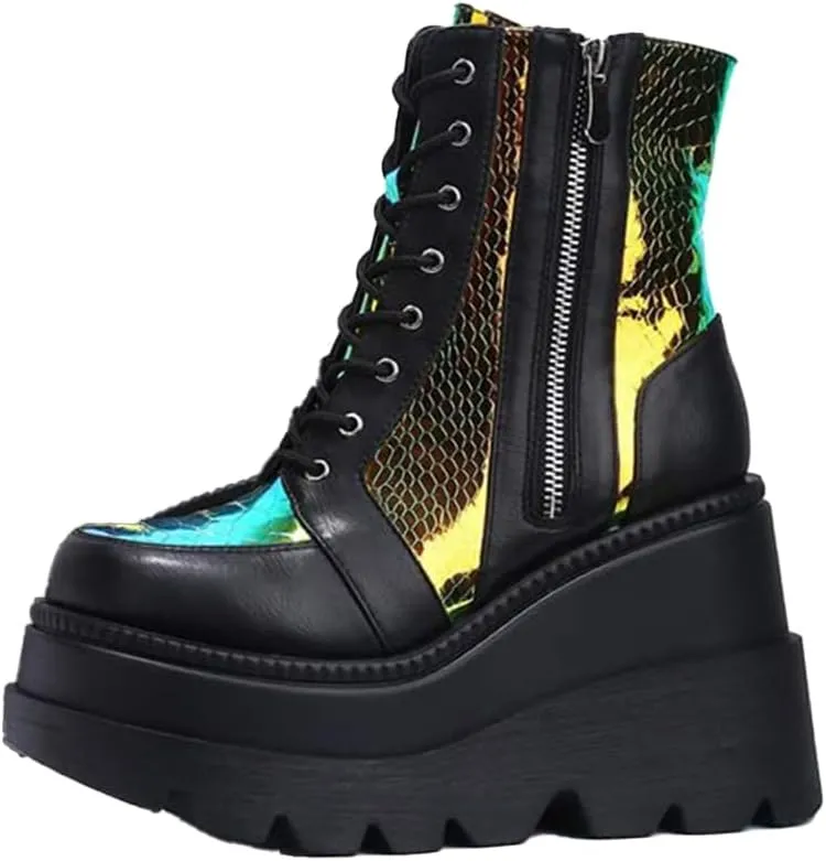Women's Halloween Fashion Chunky Heel Ankle Booties Lace up Buckle Goth Motorcycle Platform Boot Military Combat Boots