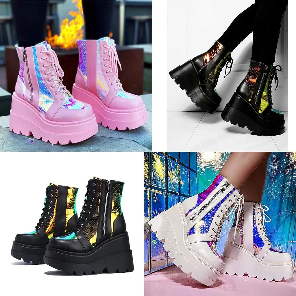 Women's Halloween Fashion Chunky Heel Ankle Booties Lace up Buckle Goth Motorcycle Platform Boot Military Combat Boots