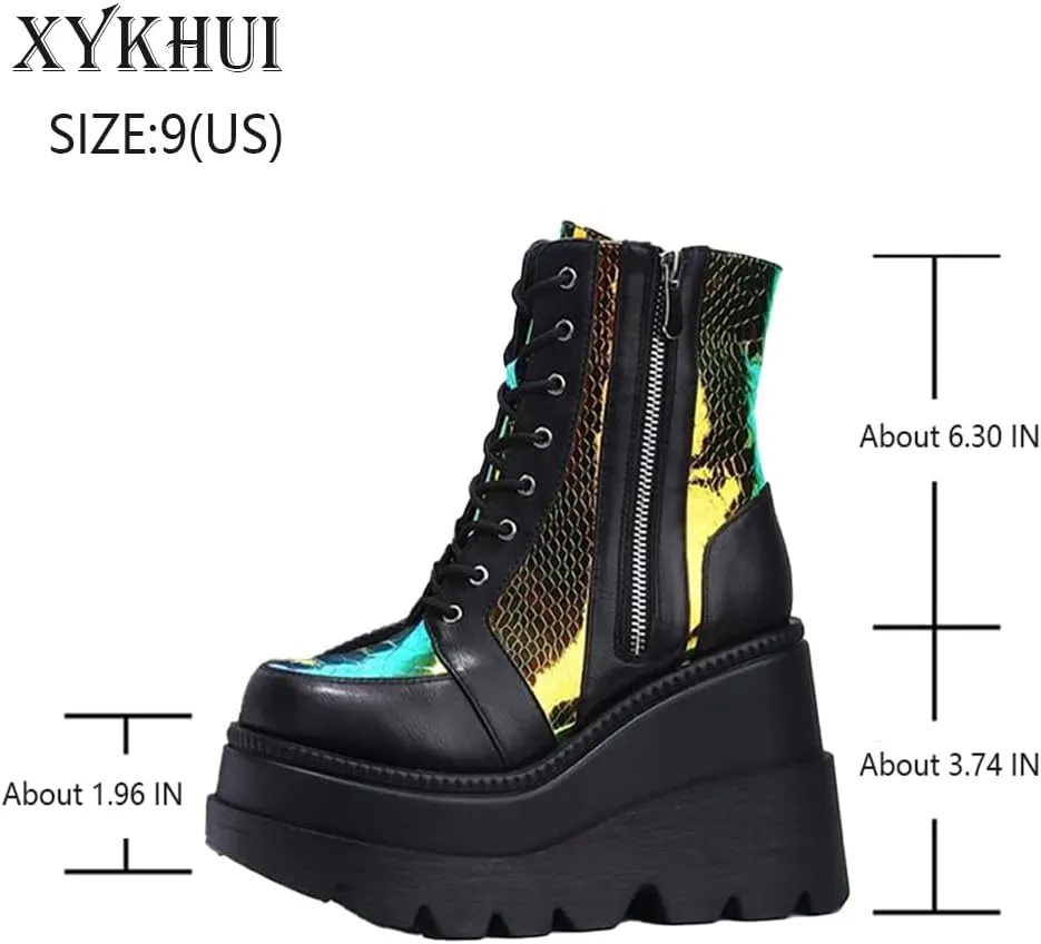 Women's Halloween Fashion Chunky Heel Ankle Booties Lace up Buckle Goth Motorcycle Platform Boot Military Combat Boots