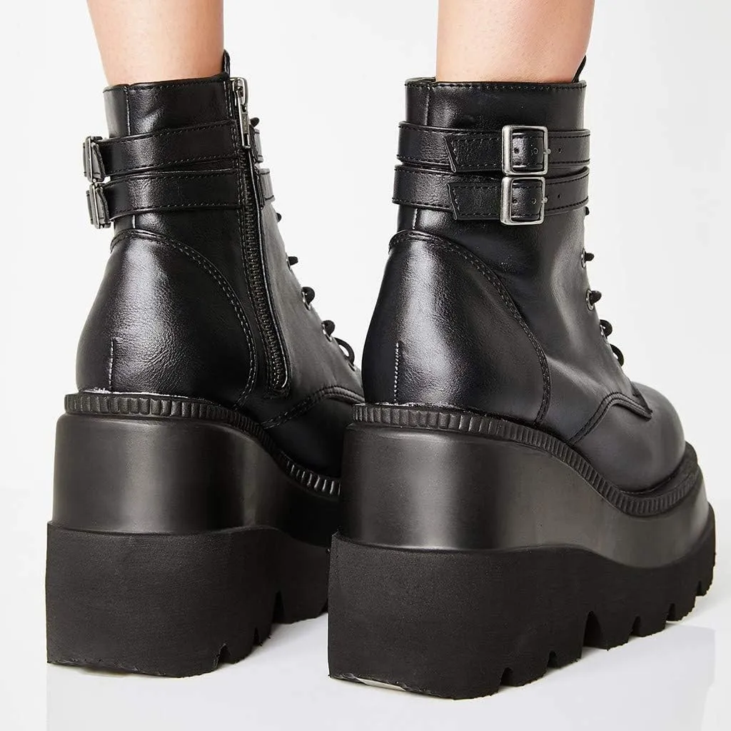 Women's Halloween Fashion Chunky Heel Ankle Booties Lace up Buckle Goth Motorcycle Platform Boot Military Combat Boots