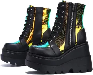 Women's Halloween Fashion Chunky Heel Ankle Booties Lace up Buckle Goth Motorcycle Platform Boot Military Combat Boots