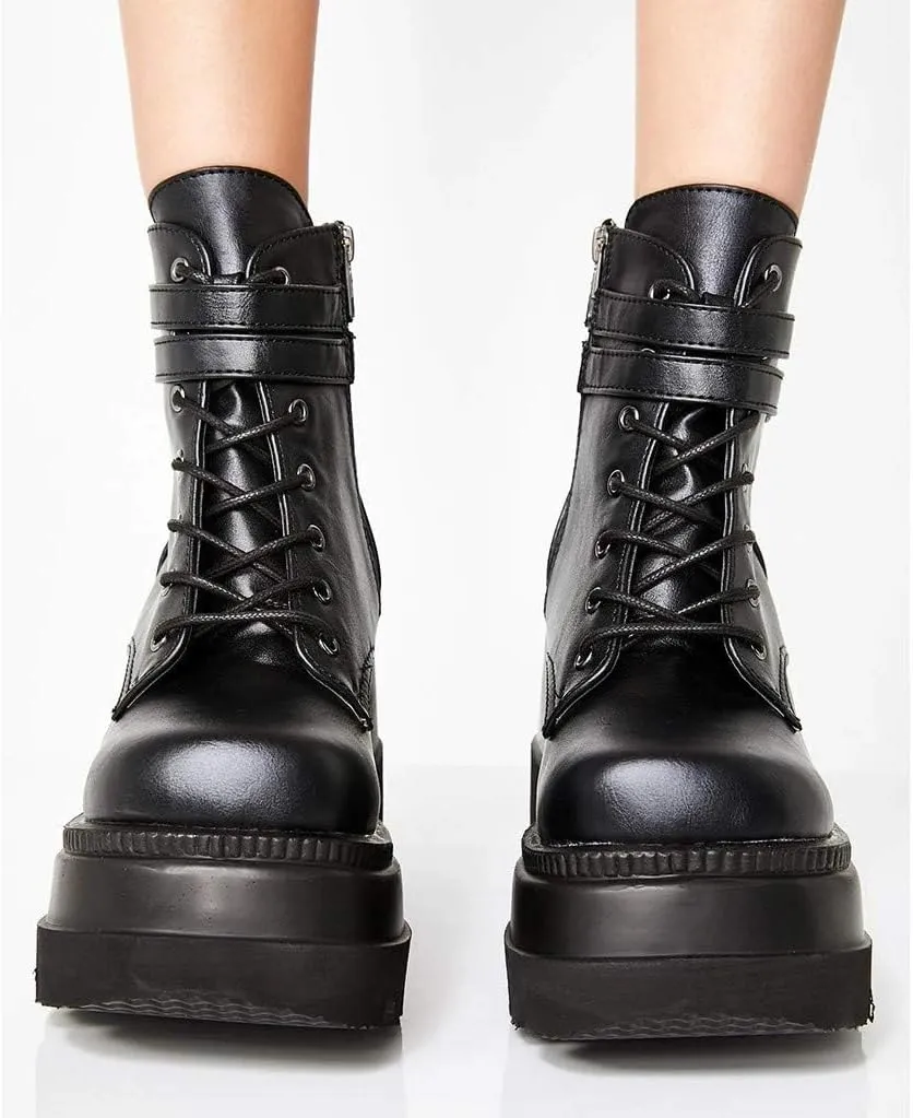 Women's Halloween Fashion Chunky Heel Ankle Booties Lace up Buckle Goth Motorcycle Platform Boot Military Combat Boots