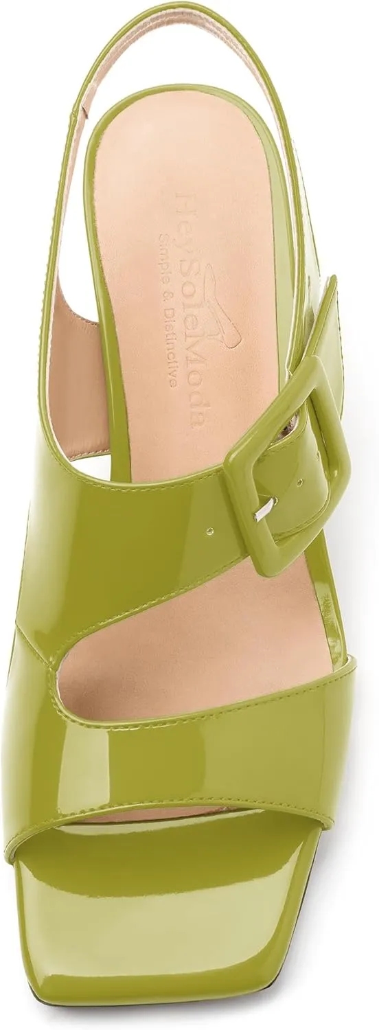 Womens Heeled Sandals Shoes, Square Peep Toe Mid Block Heel Ankle Strap Sandals for Women, Leather Insole Chunky Heel Sandals with Buckle 2"