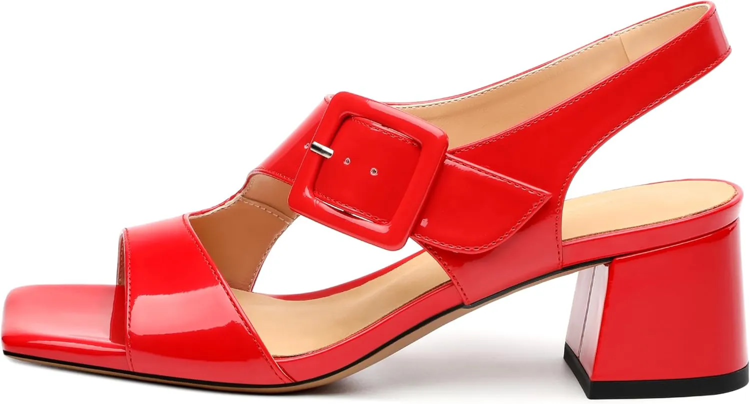 Womens Heeled Sandals Shoes, Square Peep Toe Mid Block Heel Ankle Strap Sandals for Women, Leather Insole Chunky Heel Sandals with Buckle 2"
