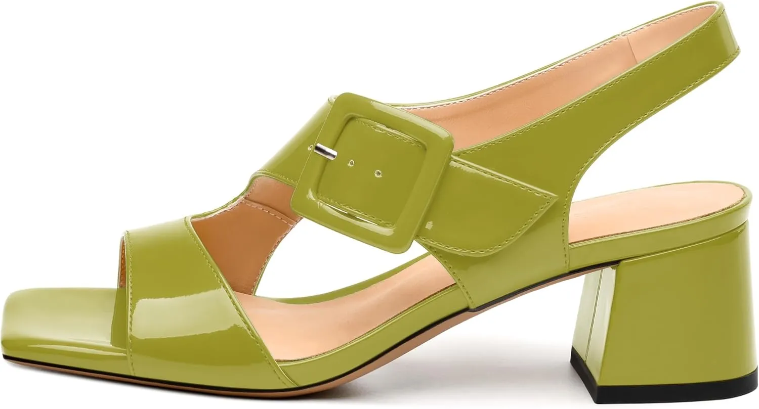 Womens Heeled Sandals Shoes, Square Peep Toe Mid Block Heel Ankle Strap Sandals for Women, Leather Insole Chunky Heel Sandals with Buckle 2"