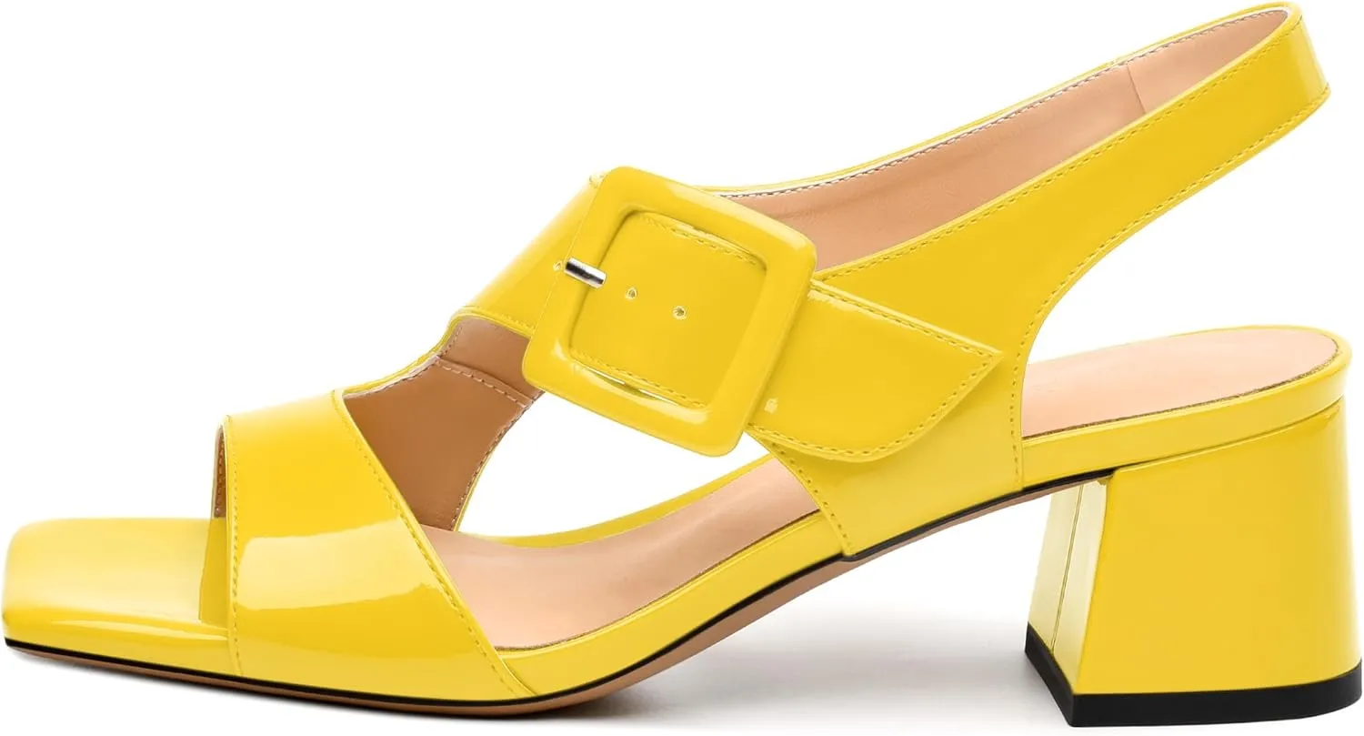 Womens Heeled Sandals Shoes, Square Peep Toe Mid Block Heel Ankle Strap Sandals for Women, Leather Insole Chunky Heel Sandals with Buckle 2"