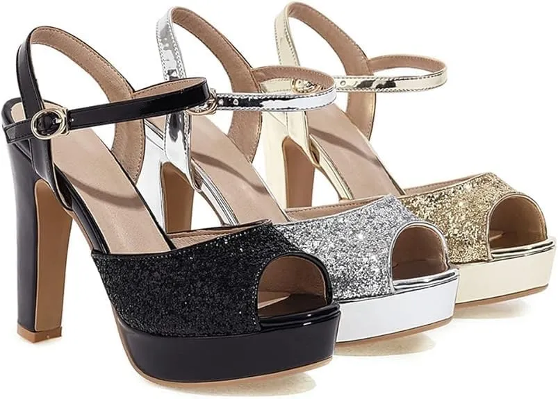 Women's High Heel Platform Chunky Sandals Glitter Peep Toe Ankle Strap Block Heeled Pumps Wedding Evening Party Shoes