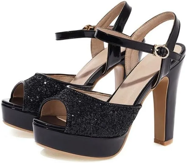 Women's High Heel Platform Chunky Sandals Glitter Peep Toe Ankle Strap Block Heeled Pumps Wedding Evening Party Shoes
