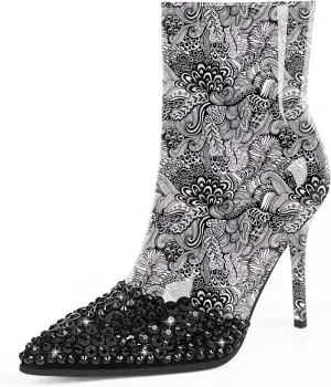 Women's High Heel Sexy Ankle Boots Rhinestone Pointed Toe Shoes