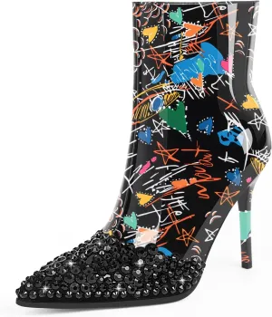 Women's High Heel Sexy Ankle Boots Rhinestone Pointed Toe Shoes