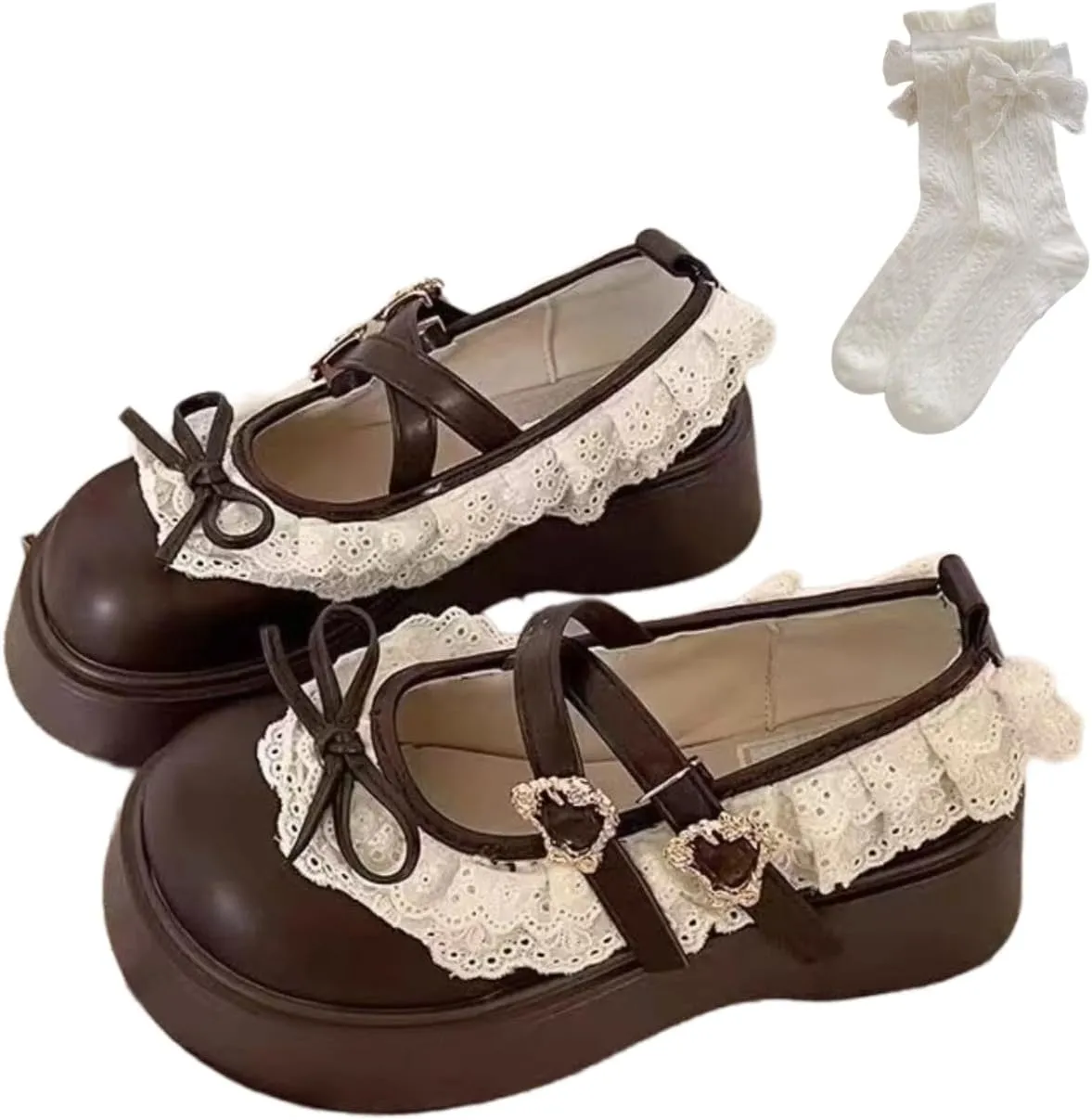 Women's Kawaii Lolita Chunky Mary Jane Shoes with Bow Cute Aesthetic Round Toe Goth Platform Dress Pumps Sweet Flats