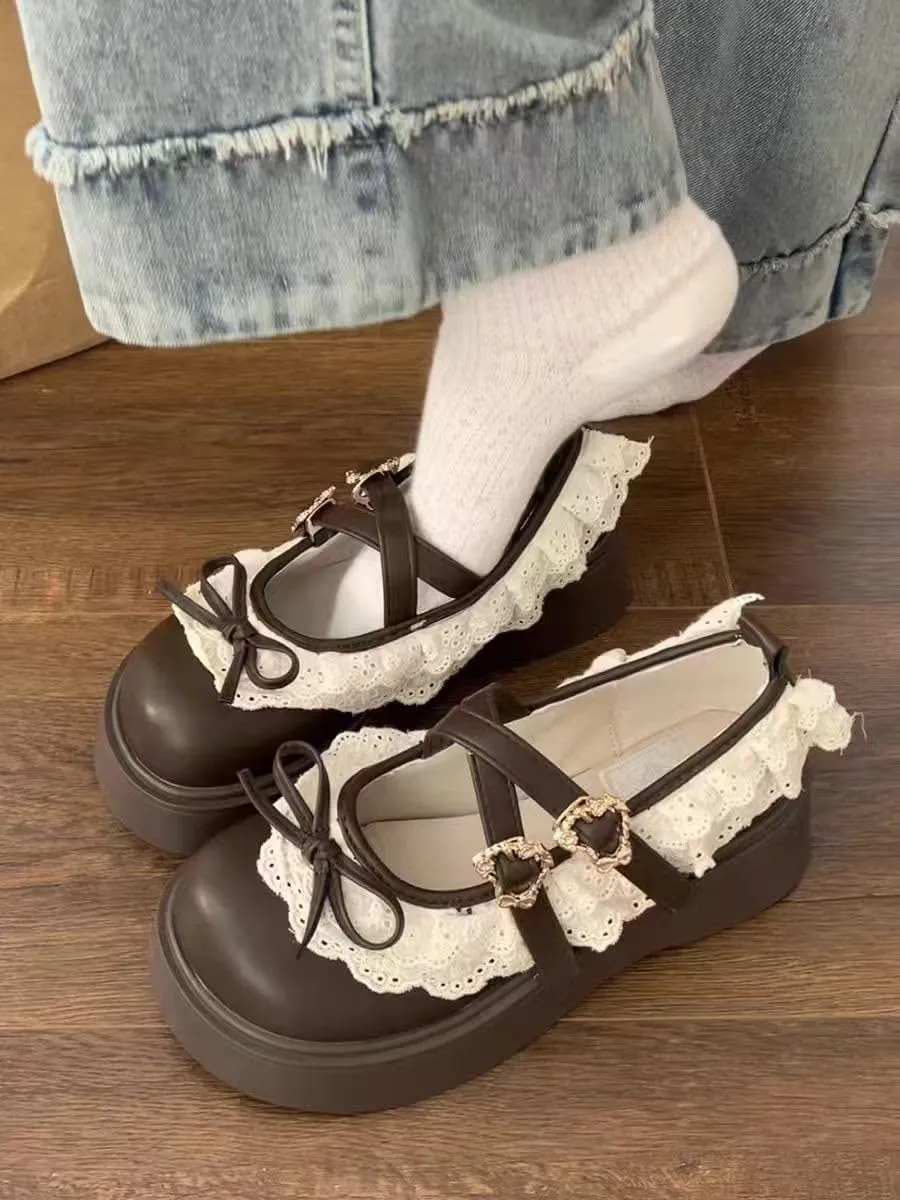 Women's Kawaii Lolita Chunky Mary Jane Shoes with Bow Cute Aesthetic Round Toe Goth Platform Dress Pumps Sweet Flats