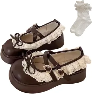 Women's Kawaii Lolita Chunky Mary Jane Shoes with Bow Cute Aesthetic Round Toe Goth Platform Dress Pumps Sweet Flats