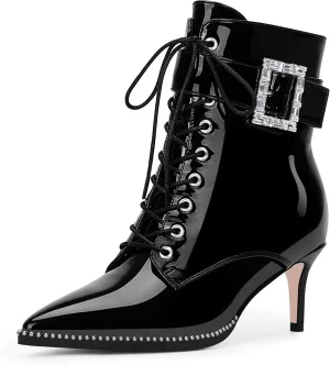 Women's Kitten Heel Pointed Toe Ankle Boots Beaded Buckle Strap Lace Up Dress Booties
