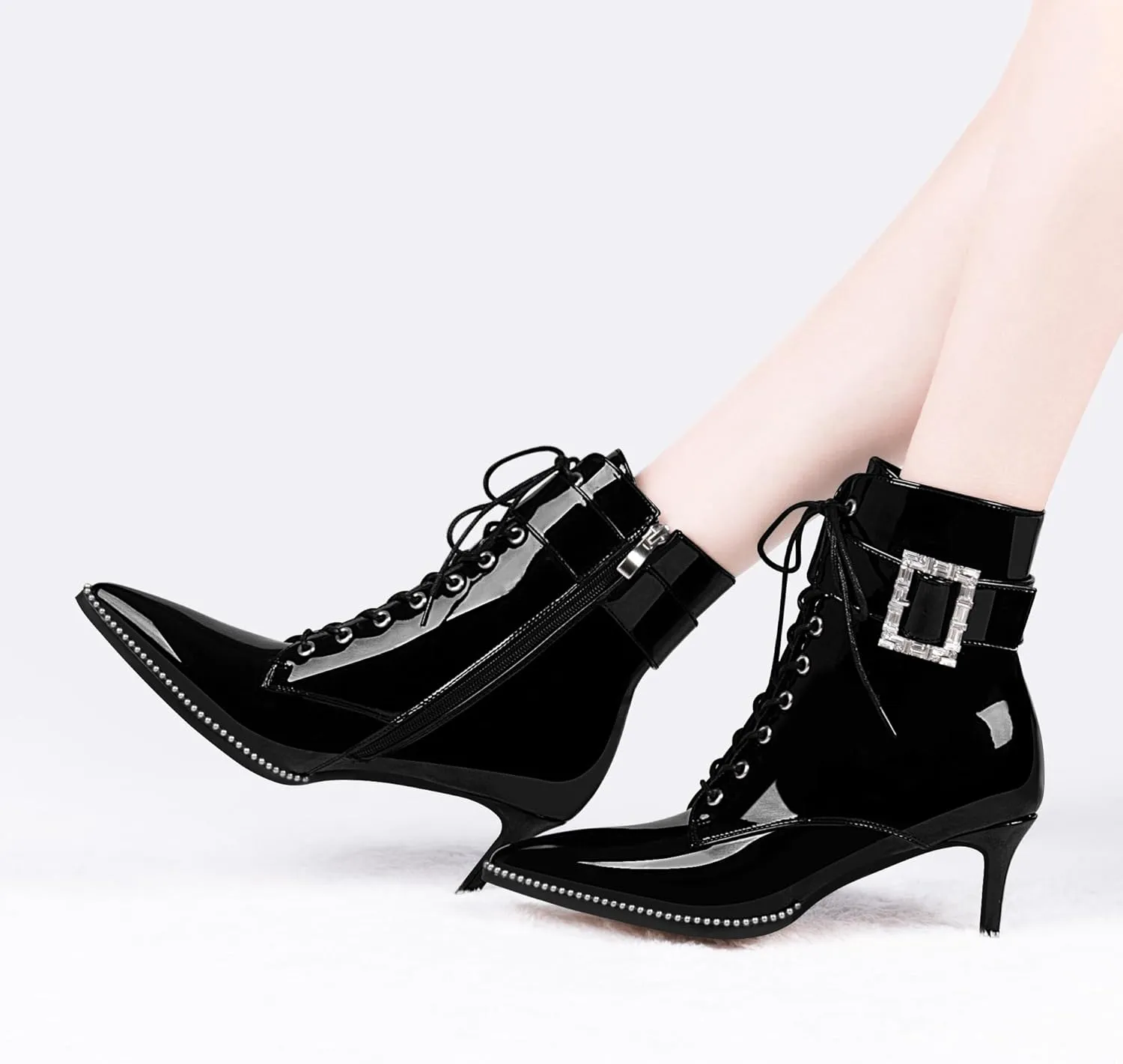 Women's Kitten Heel Pointed Toe Ankle Boots Beaded Buckle Strap Lace Up Dress Booties