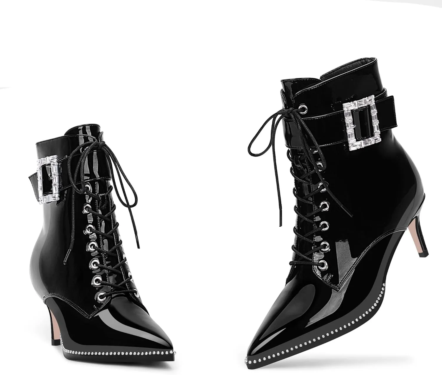 Women's Kitten Heel Pointed Toe Ankle Boots Beaded Buckle Strap Lace Up Dress Booties
