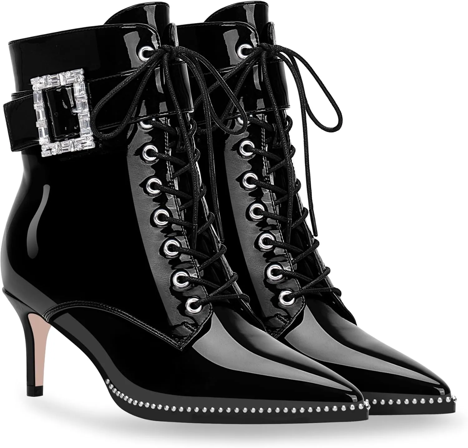 Women's Kitten Heel Pointed Toe Ankle Boots Beaded Buckle Strap Lace Up Dress Booties