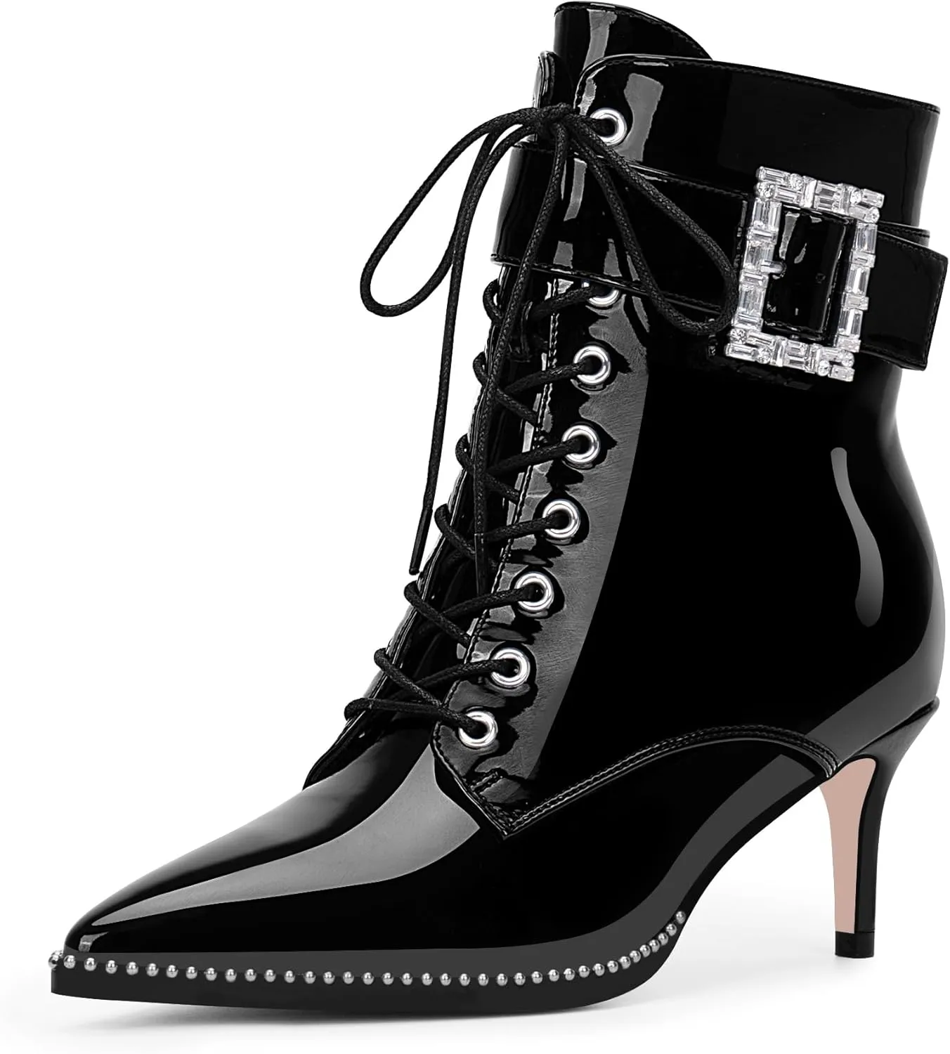Women's Kitten Heel Pointed Toe Ankle Boots Beaded Buckle Strap Lace Up Dress Booties