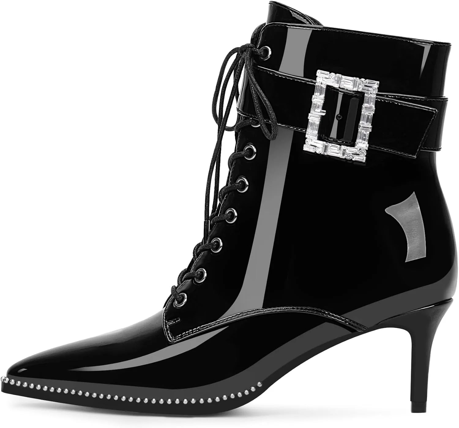 Women's Kitten Heel Pointed Toe Ankle Boots Beaded Buckle Strap Lace Up Dress Booties