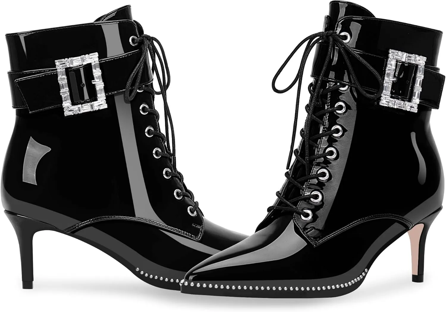Women's Kitten Heel Pointed Toe Ankle Boots Beaded Buckle Strap Lace Up Dress Booties