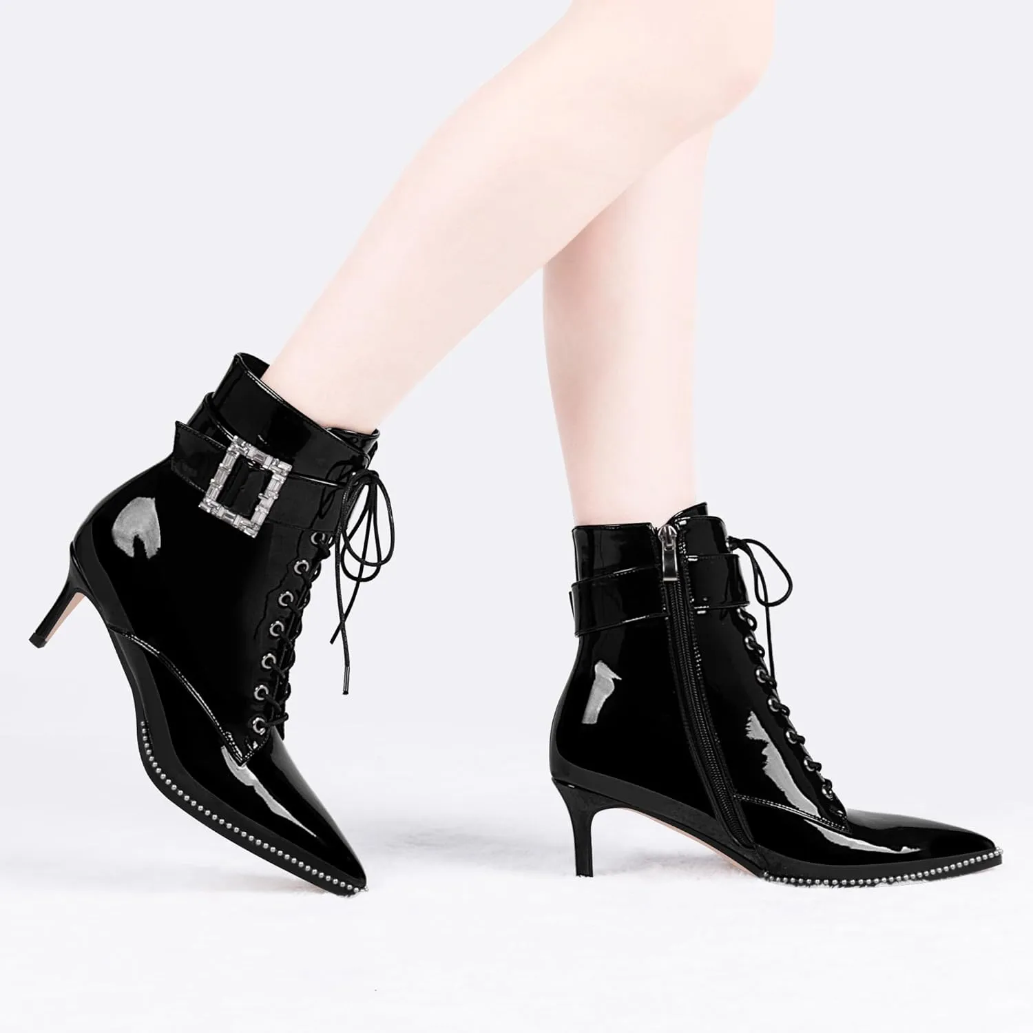 Women's Kitten Heel Pointed Toe Ankle Boots Beaded Buckle Strap Lace Up Dress Booties