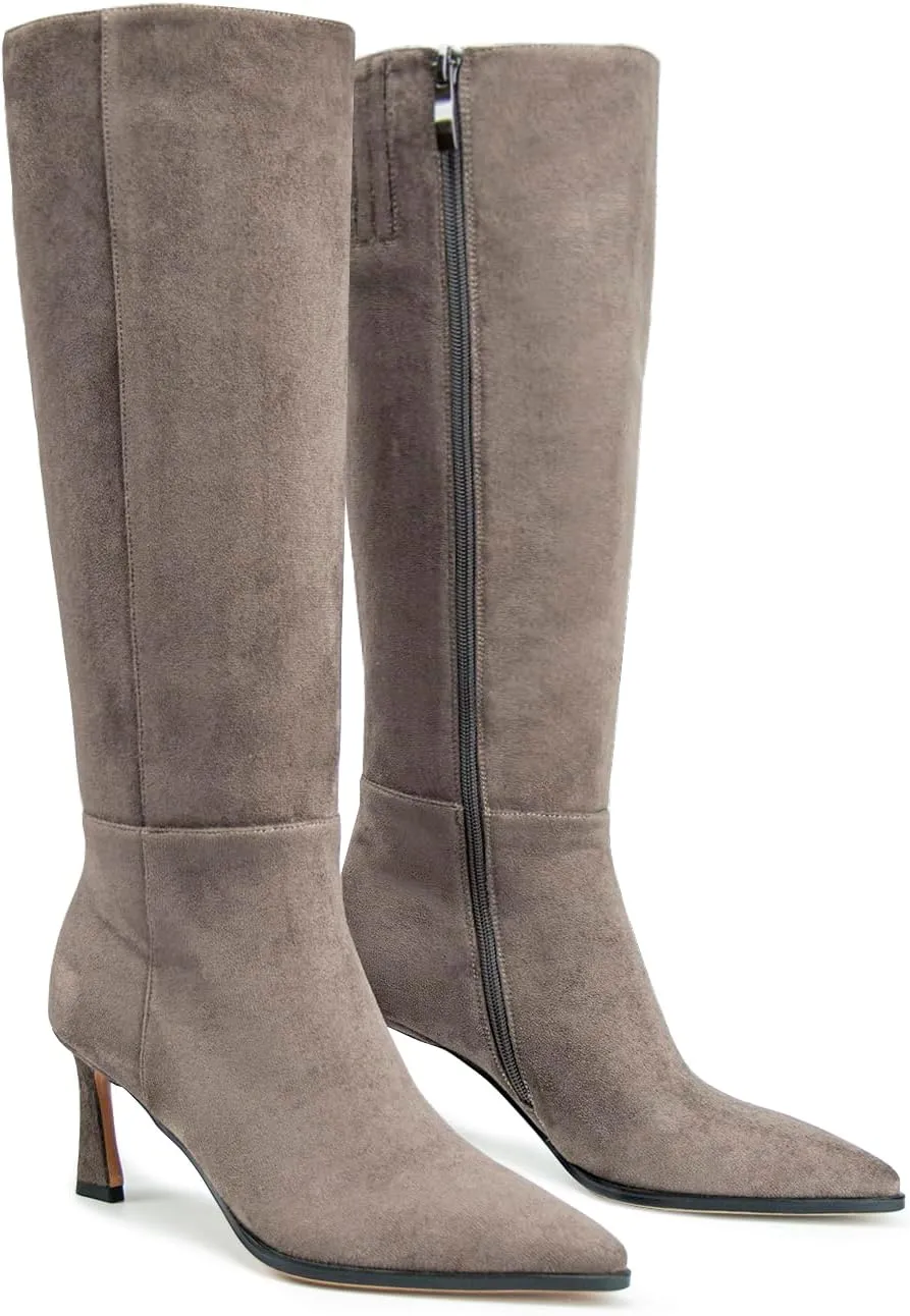 Women's Knee High Boots Kitten Heels Pointed Toe Side Zipper Wide Calf Stiletto Tall Boots for Women Wedding Porm Dress Shoes