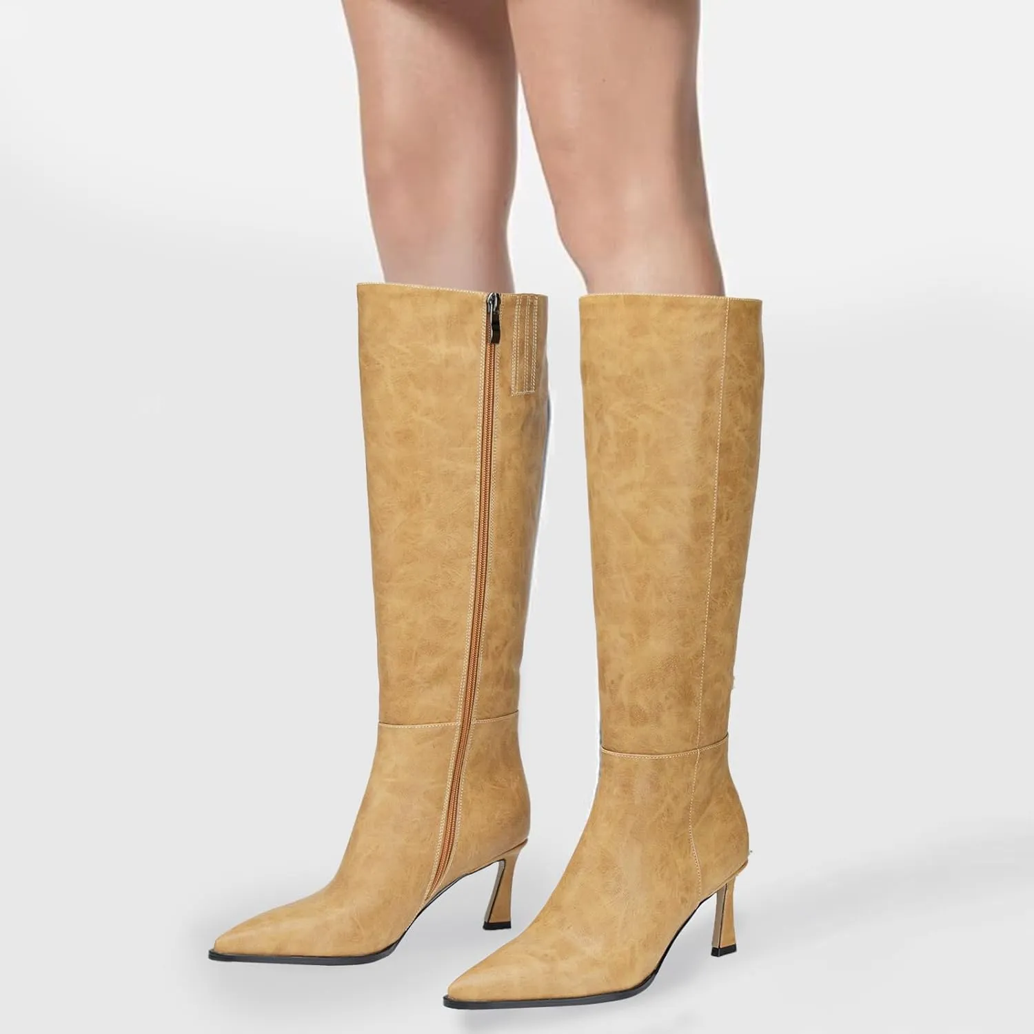 Women's Knee High Boots Kitten Heels Pointed Toe Side Zipper Wide Calf Stiletto Tall Boots for Women Wedding Porm Dress Shoes