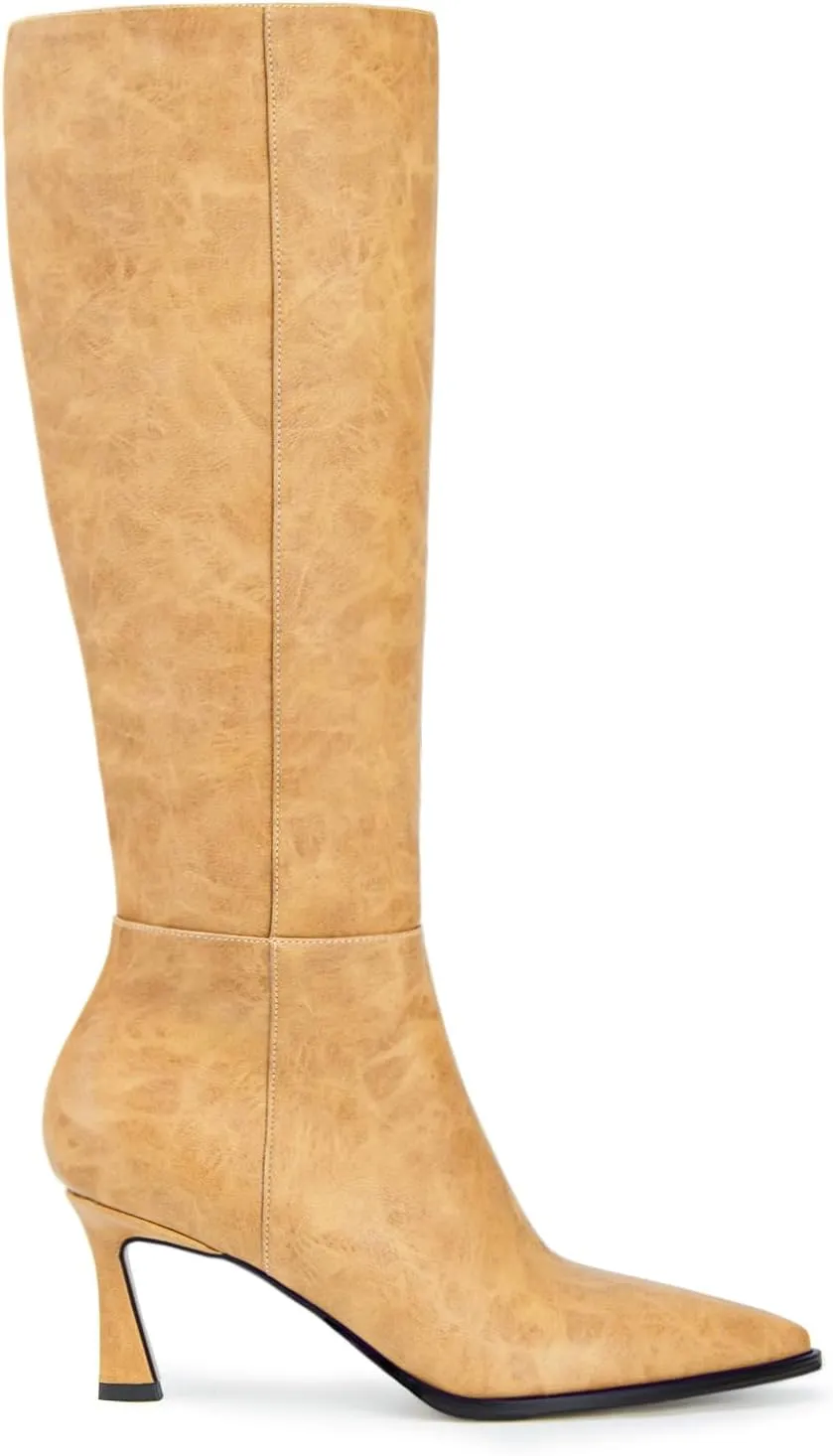 Women's Knee High Boots Kitten Heels Pointed Toe Side Zipper Wide Calf Stiletto Tall Boots for Women Wedding Porm Dress Shoes