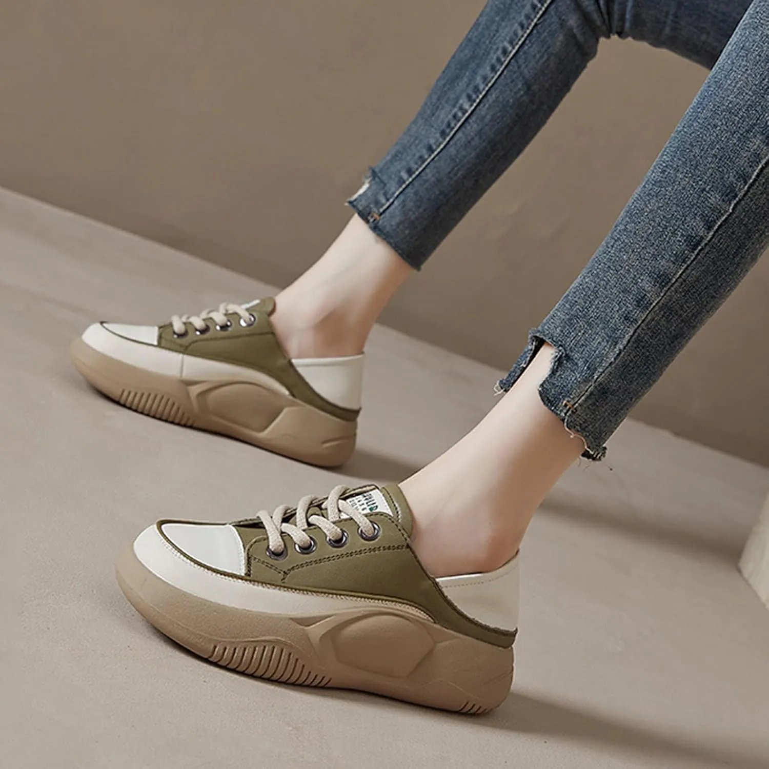 Women's Leather Lace Up Platform Sneakers,Comfortable Round Toe Increase Height Casual Walking Sport Shoes Fashion Breathable Slip-On Anti-Slip Running Sneakers