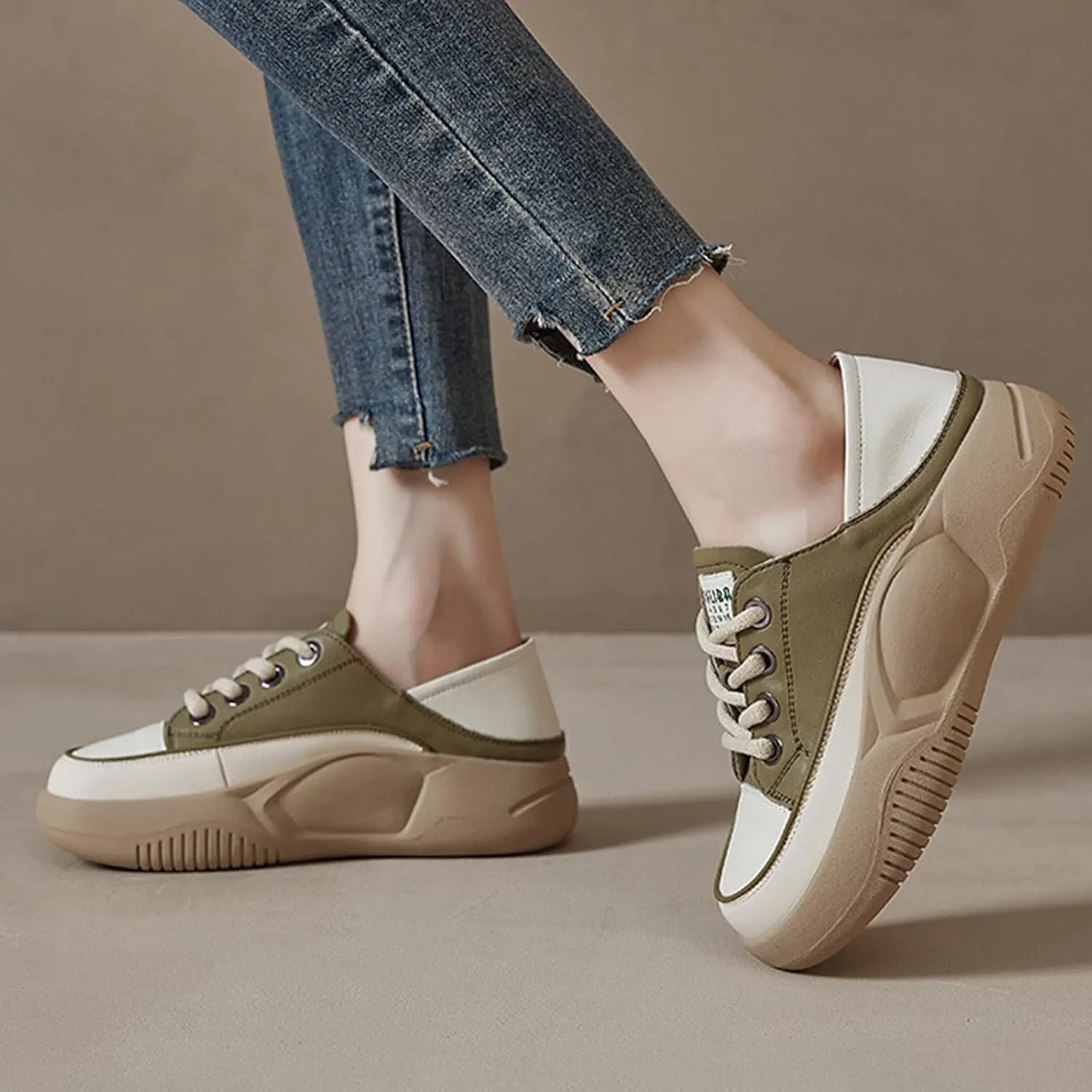 Women's Leather Lace Up Platform Sneakers,Comfortable Round Toe Increase Height Casual Walking Sport Shoes Fashion Breathable Slip-On Anti-Slip Running Sneakers