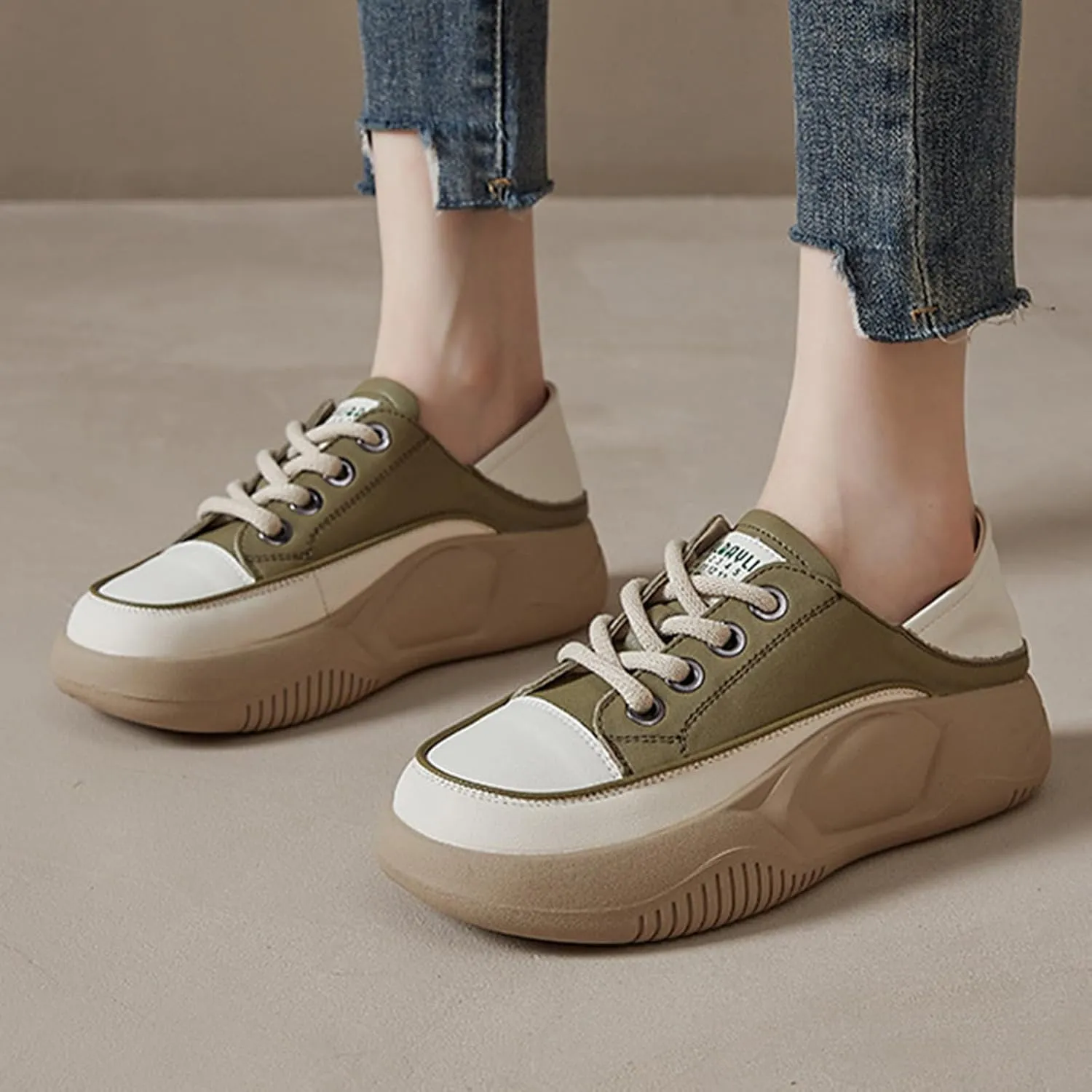 Women's Leather Lace Up Platform Sneakers,Comfortable Round Toe Increase Height Casual Walking Sport Shoes Fashion Breathable Slip-On Anti-Slip Running Sneakers