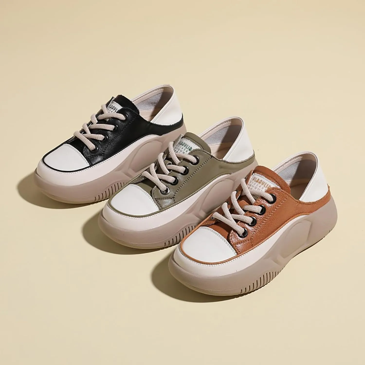 Women's Leather Lace Up Platform Sneakers,Comfortable Round Toe Increase Height Casual Walking Sport Shoes Fashion Breathable Slip-On Anti-Slip Running Sneakers
