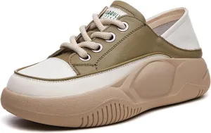 Women's Leather Lace Up Platform Sneakers,Comfortable Round Toe Increase Height Casual Walking Sport Shoes Fashion Breathable Slip-On Anti-Slip Running Sneakers