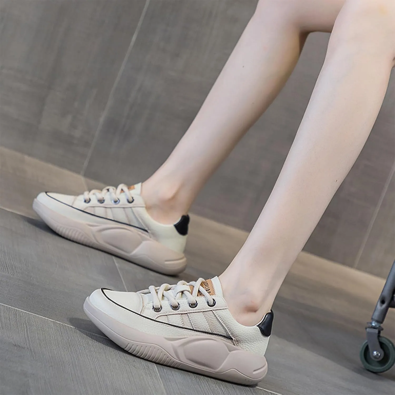 Women's Leather Platform Sneakers Lace Up Round Toe Tennis Shoes Casual Comfortable Walking Shoes