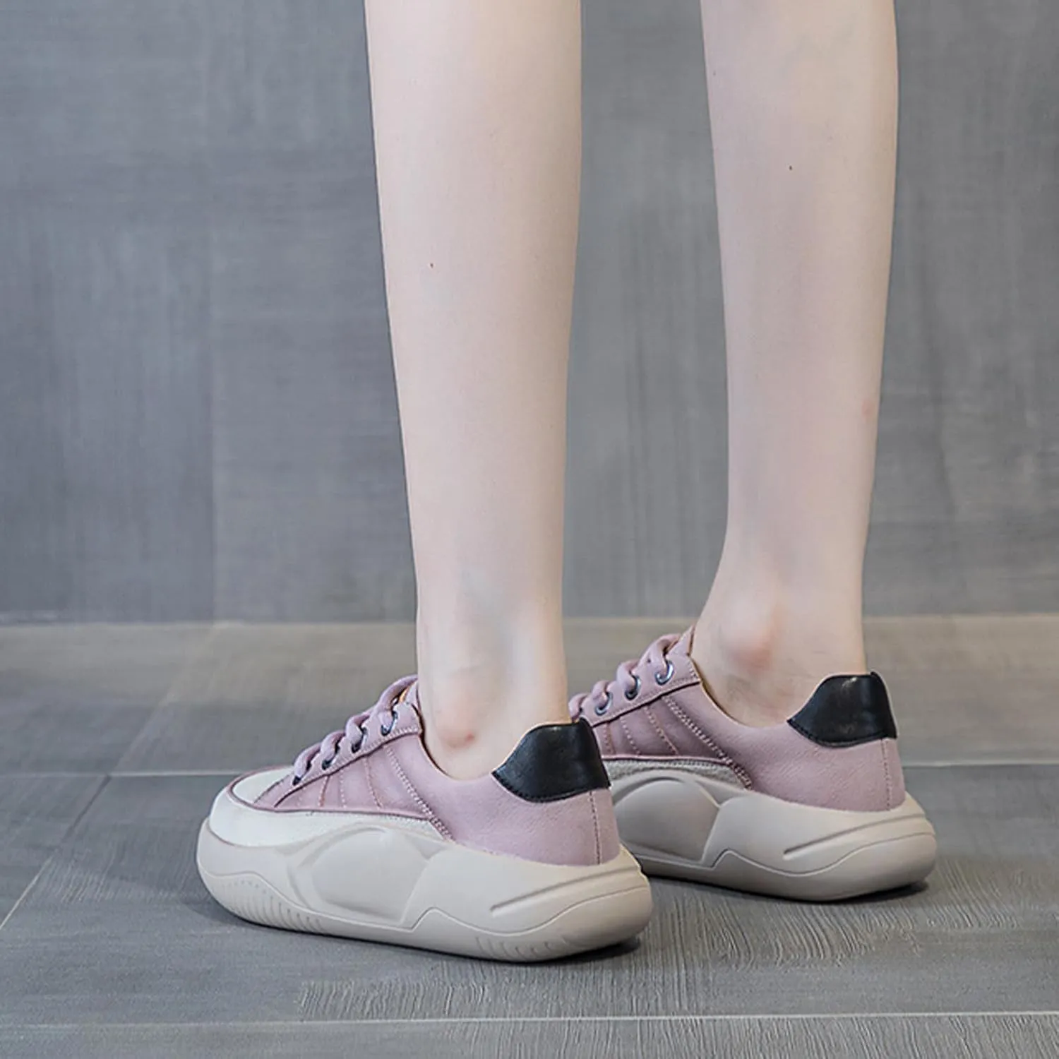 Women's Leather Platform Sneakers Lace Up Round Toe Tennis Shoes Casual Comfortable Walking Shoes
