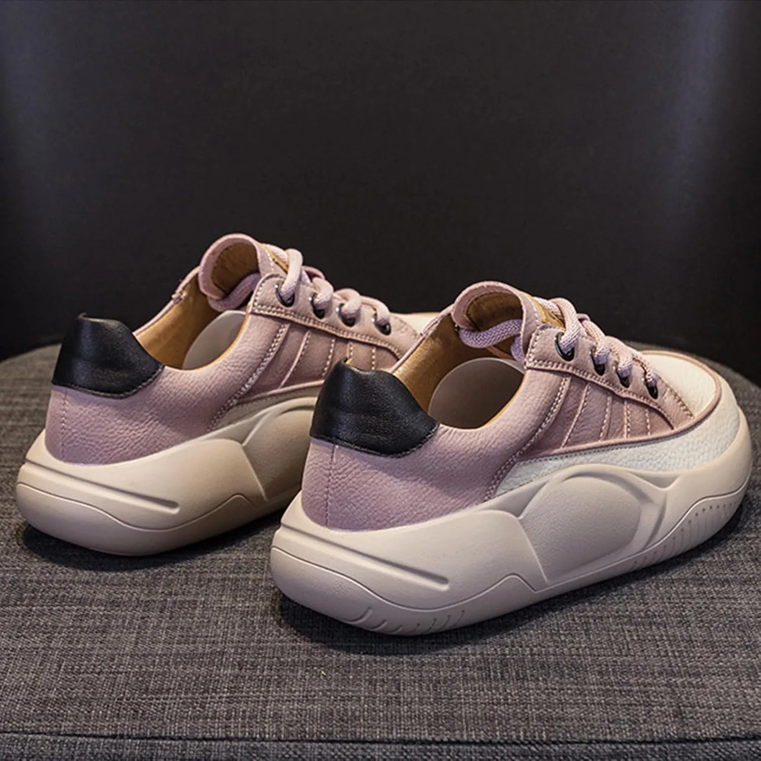 Women's Leather Platform Sneakers Lace Up Round Toe Tennis Shoes Casual Comfortable Walking Shoes