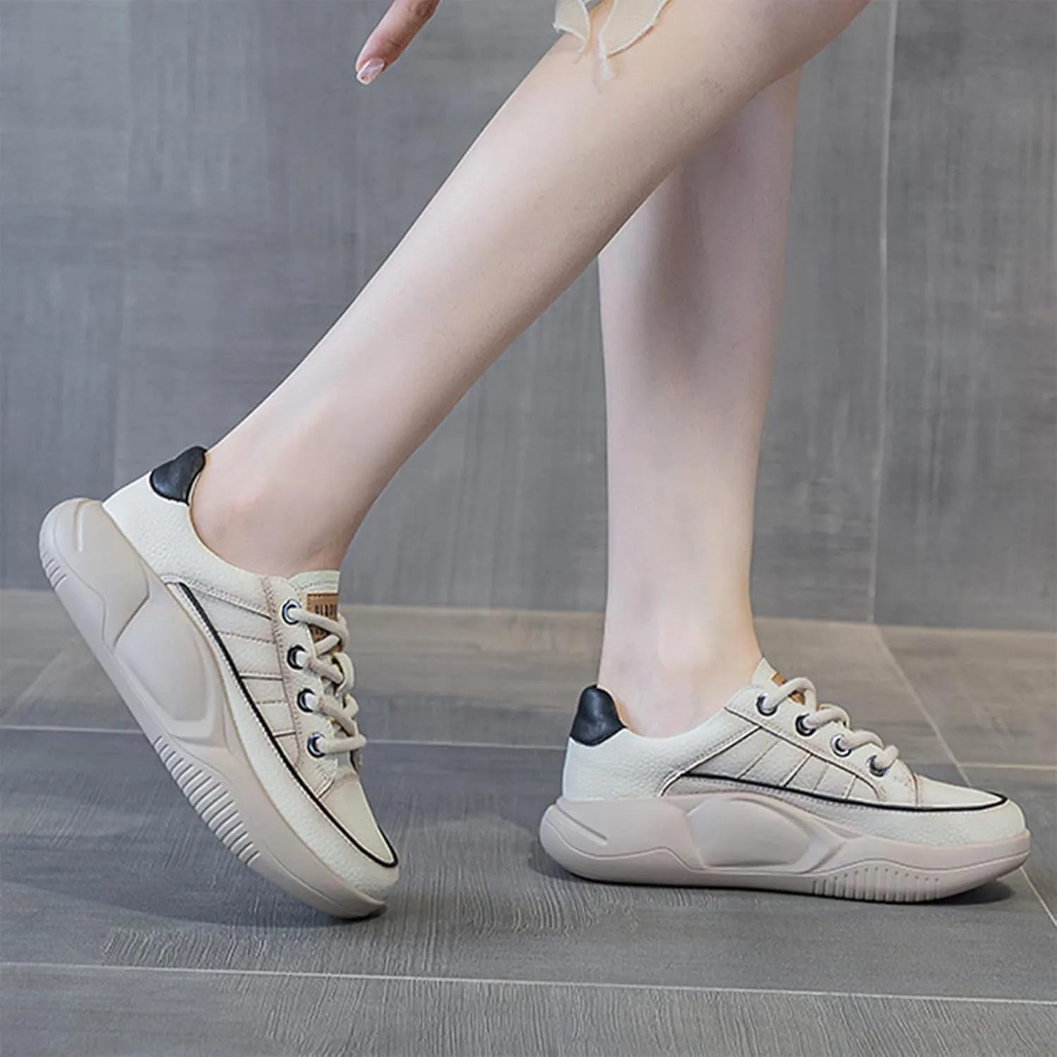 Women's Leather Platform Sneakers Lace Up Round Toe Tennis Shoes Casual Comfortable Walking Shoes