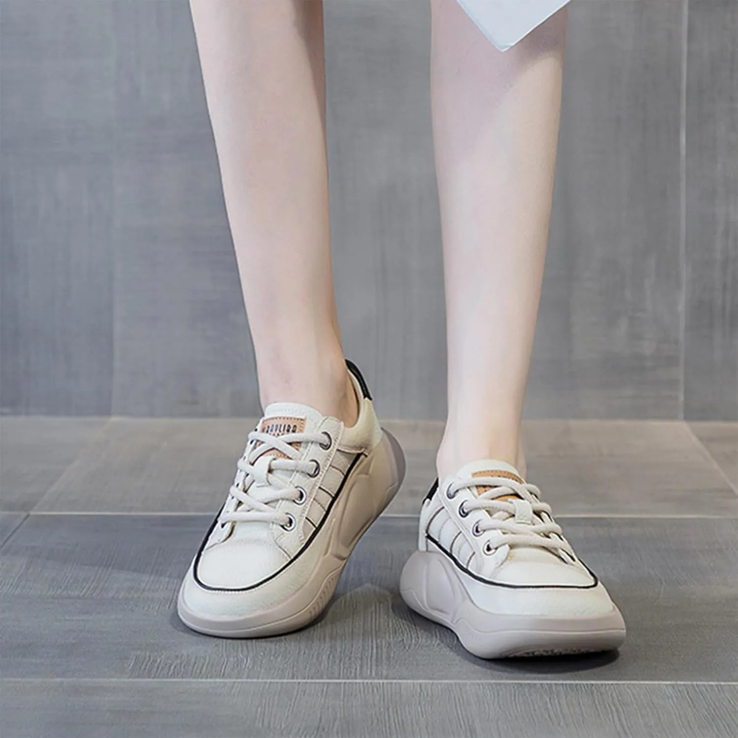 Women's Leather Platform Sneakers Lace Up Round Toe Tennis Shoes Casual Comfortable Walking Shoes