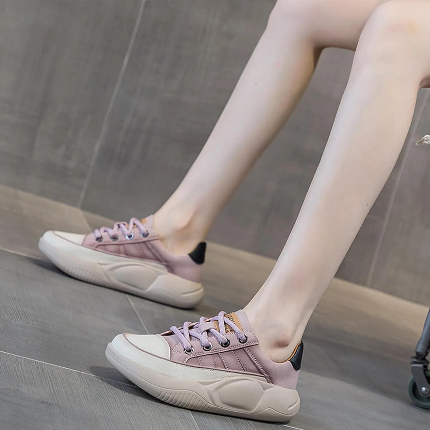 Women's Leather Platform Sneakers Lace Up Round Toe Tennis Shoes Casual Comfortable Walking Shoes