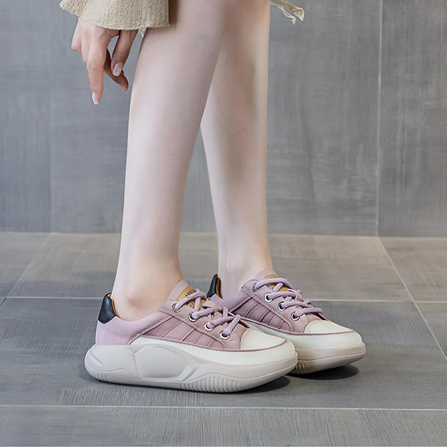 Women's Leather Platform Sneakers Lace Up Round Toe Tennis Shoes Casual Comfortable Walking Shoes
