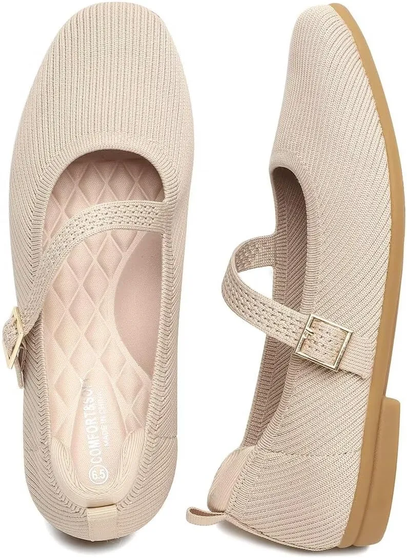 Women's Mary Jane Ballet Flats Square Toe Knit Ballerina Walking Dressy Office Slip-on Shoes with Strap