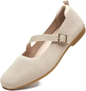 Women's Mary Jane Ballet Flats Square Toe Knit Ballerina Walking Dressy Office Slip-on Shoes with Strap