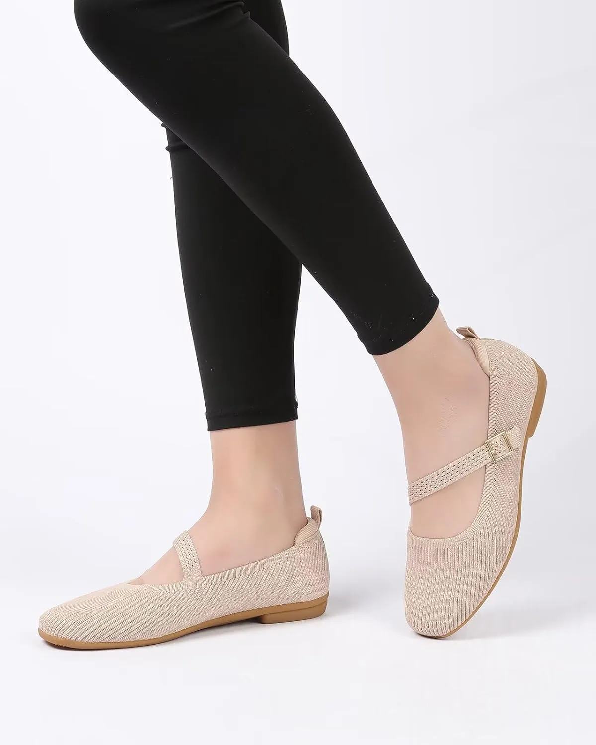 Women's Mary Jane Ballet Flats Square Toe Knit Ballerina Walking Dressy Office Slip-on Shoes with Strap