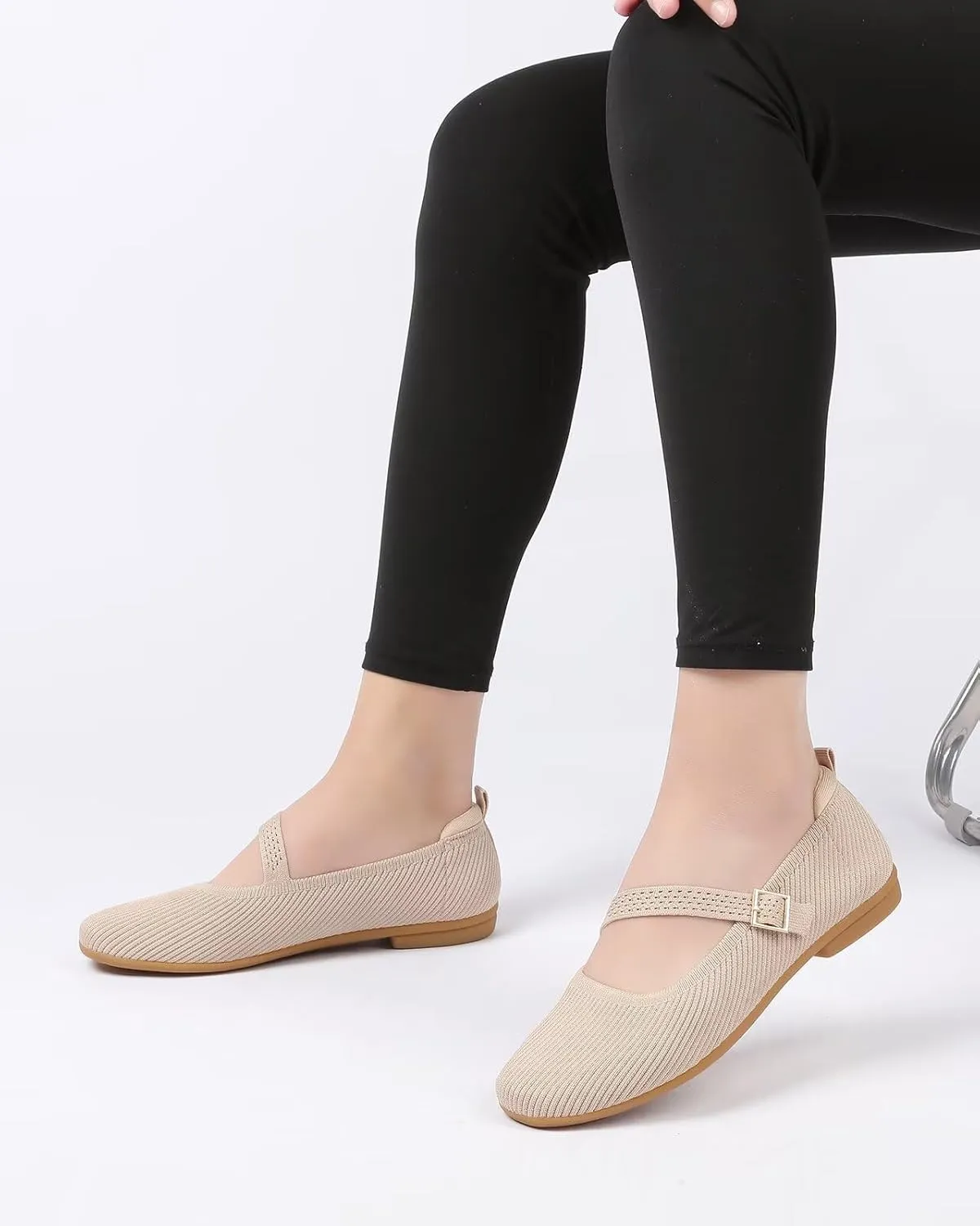 Women's Mary Jane Ballet Flats Square Toe Knit Ballerina Walking Dressy Office Slip-on Shoes with Strap