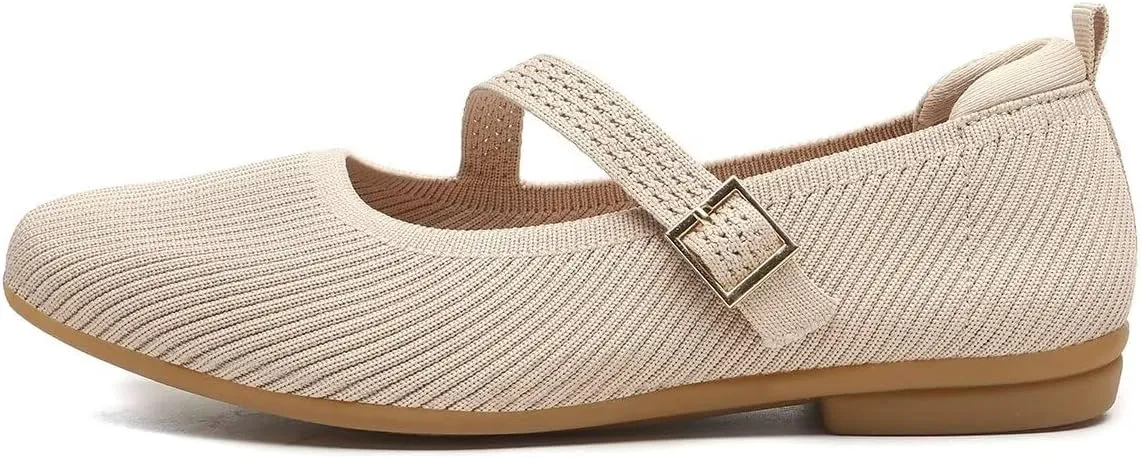Women's Mary Jane Ballet Flats Square Toe Knit Ballerina Walking Dressy Office Slip-on Shoes with Strap